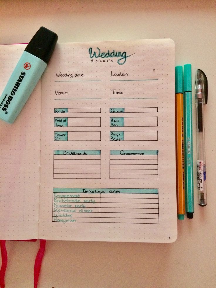 a notebook with some writing on it next to two pens and a marker that says wedding records