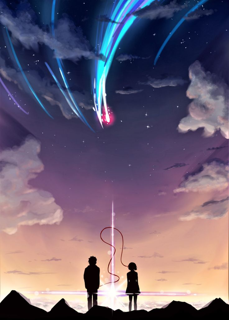 two people standing on top of a hill under a sky filled with stars and clouds