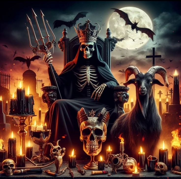 a skeleton sitting in a chair surrounded by skulls and candles with a full moon behind it