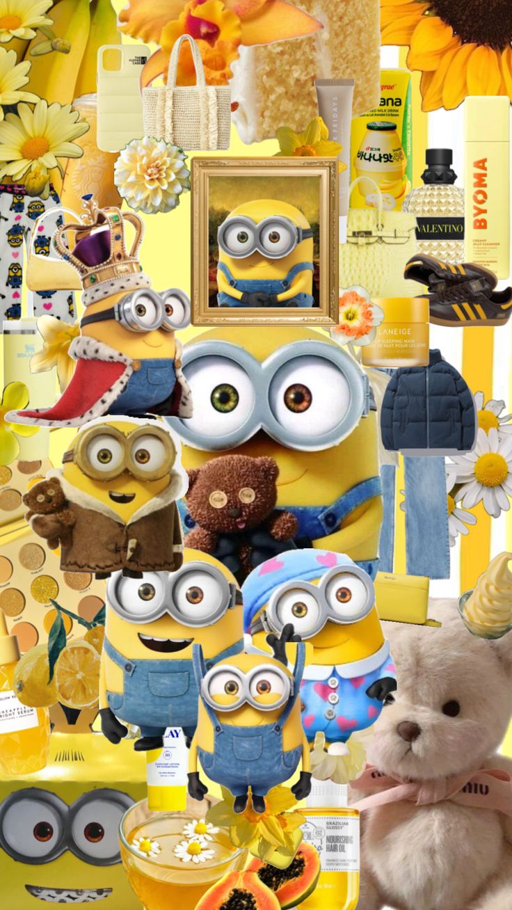 a collage of minion pictures and teddy bears with sunflowers in the background