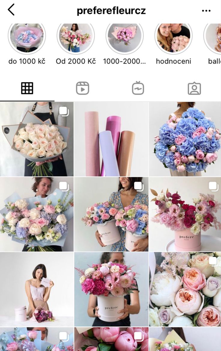 a bunch of flowers that are on top of a cell phone screen and in the bottom row is an image of a woman holding a bouquet