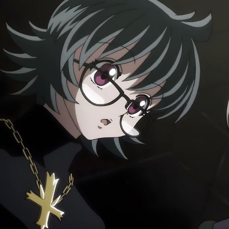 an anime character with glasses and a cross on his chest, staring at the camera