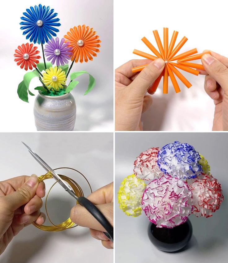 four different pictures showing how to make flowers out of plastic straws with scissors and glue