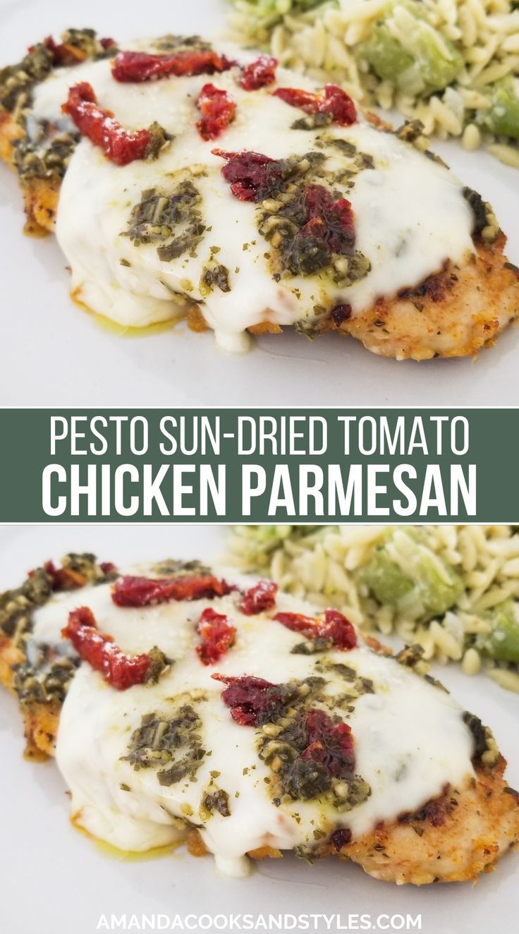 chicken parmesan with sun dried tomatoes and pesto sauce on top, served over rice