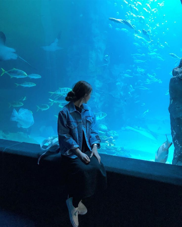 a woman sitting in front of an aquarium looking at fish