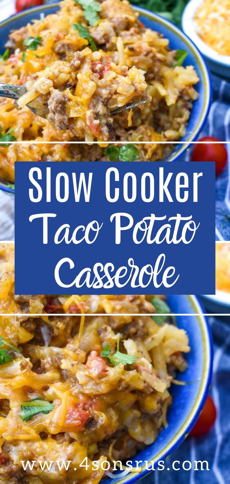 slow cooker taco potato casserole recipe on a blue plate