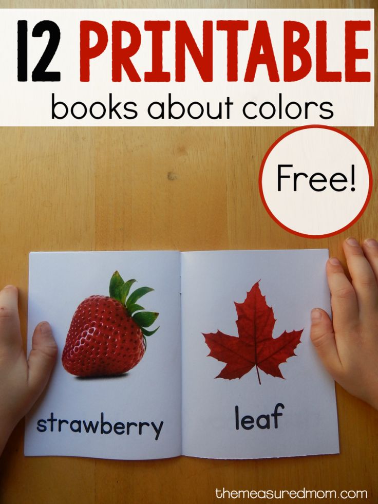 two hands holding an open book with the title 12 printable books about colors