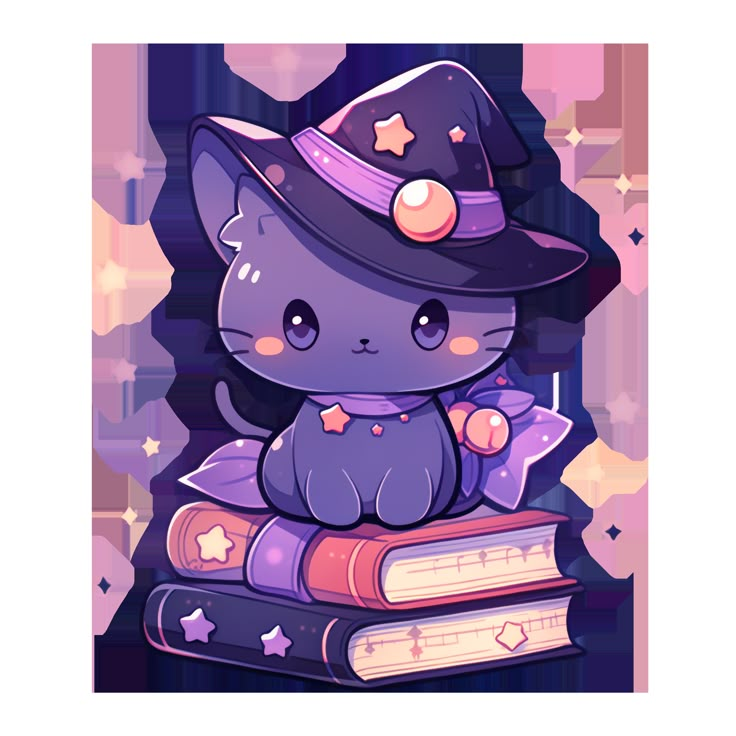 Cute Kawaii Halloween Purple Kitty Happy Witches Cat on Spell Books Sticker Kawaii Halloween Drawings, Cute Witch Drawing, Cute Witch Illustration, Kawaii Halloween Art, Kawaii Magic, Kawaii Bat, Kawaii Witch, Witches Cat, Witch Drawing