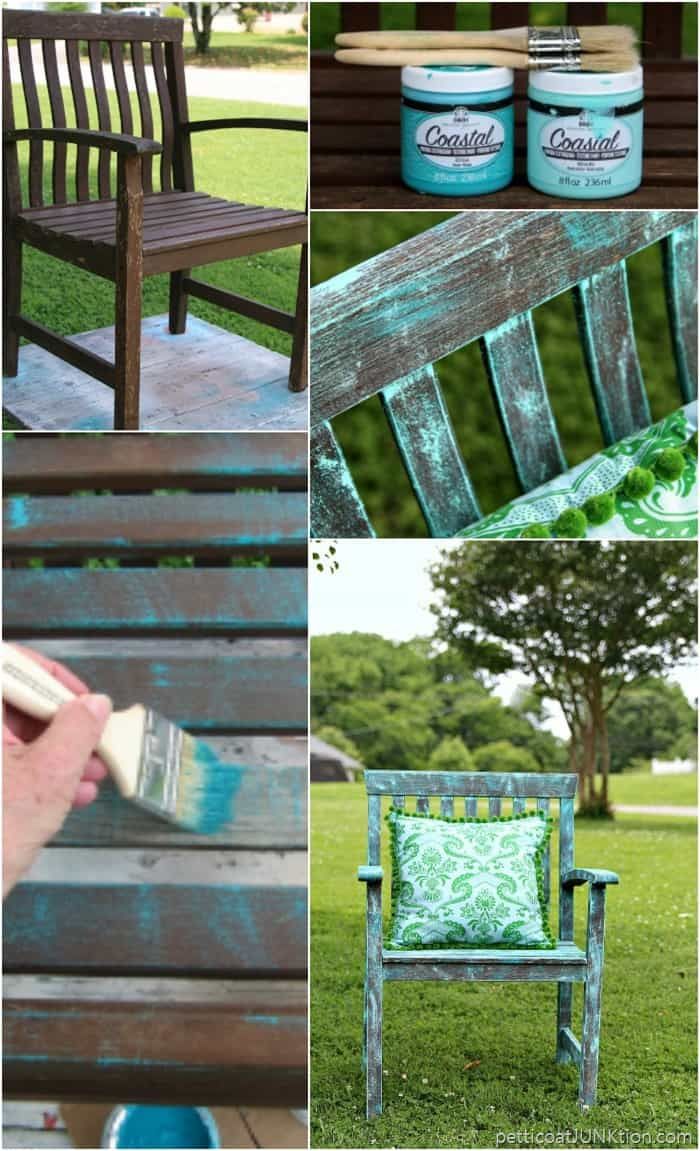 the process of painting an old wooden bench is shown in four different pictures, including paint and