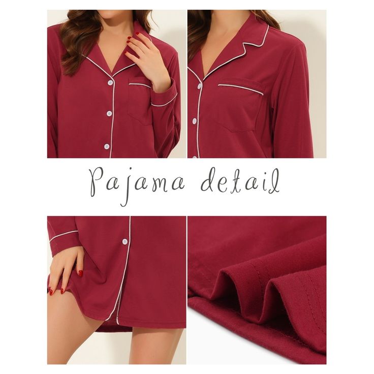 Great for loungewear, nightwear, sleepwear, home bedroom, and daily wear. This loungewear pajama shirt dress for women is constructed of soft fabric, comfy, breathable, and skin friendly, making it convenient to take on/off, keeping you pretty and comfortable all day. Featuring a mini-length shirt dress and a notched lapel design, soft and comfortable making you feel cozy all night, enjoy a comfortable sleep and sweet dream. No matter the cozy bedtime, casual home relaxation, laze afternoon, or Red Relaxed Fit Sleepwear For Sleepover, Comfortable Red Sleepwear For Loungewear, Red Cotton Nightgown For Pajama Party, Long Sleeve Buttoned Sleepwear For Pajama Party, Red Long Sleeve Sleepwear For Pajama Party, Red V-neck Sleepwear For Sleepover, Long Sleeve Buttoned Nightgown For Bedtime, Relaxed Fit Sleepwear With Buttons, Red Cotton Nightgown For Loungewear