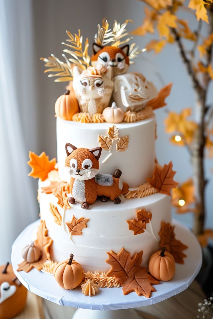 a three tiered cake decorated with fall leaves and animals on it's sides