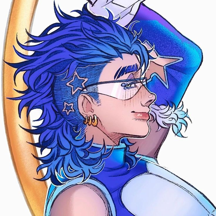 a drawing of a woman with blue hair and stars on her head, wearing glasses