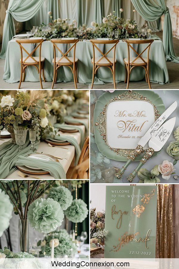 green and gold wedding color palettes for the bride's bouquet, reception table