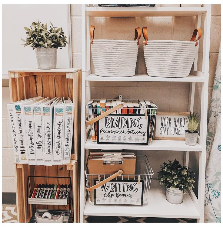 a book shelf filled with books and baskets