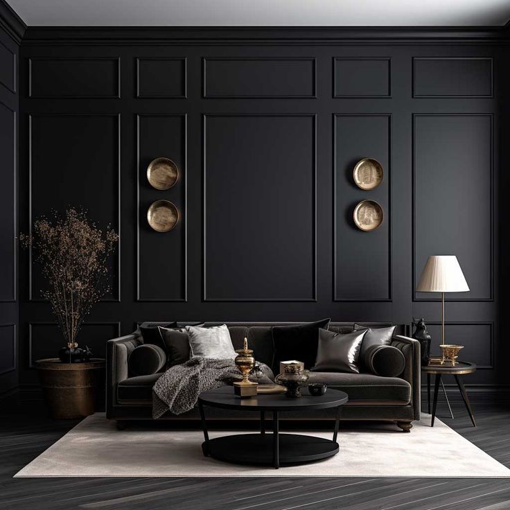 an elegant living room with black walls and furniture, including a gray couch in the center