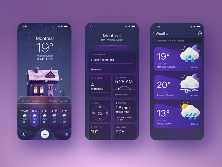 three smartphones displaying different weather and temperature conditions in purple hues, with the same clock displayed on each screen