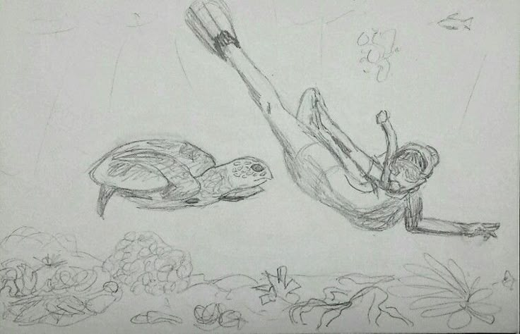 a pencil drawing of a person falling off a turtle