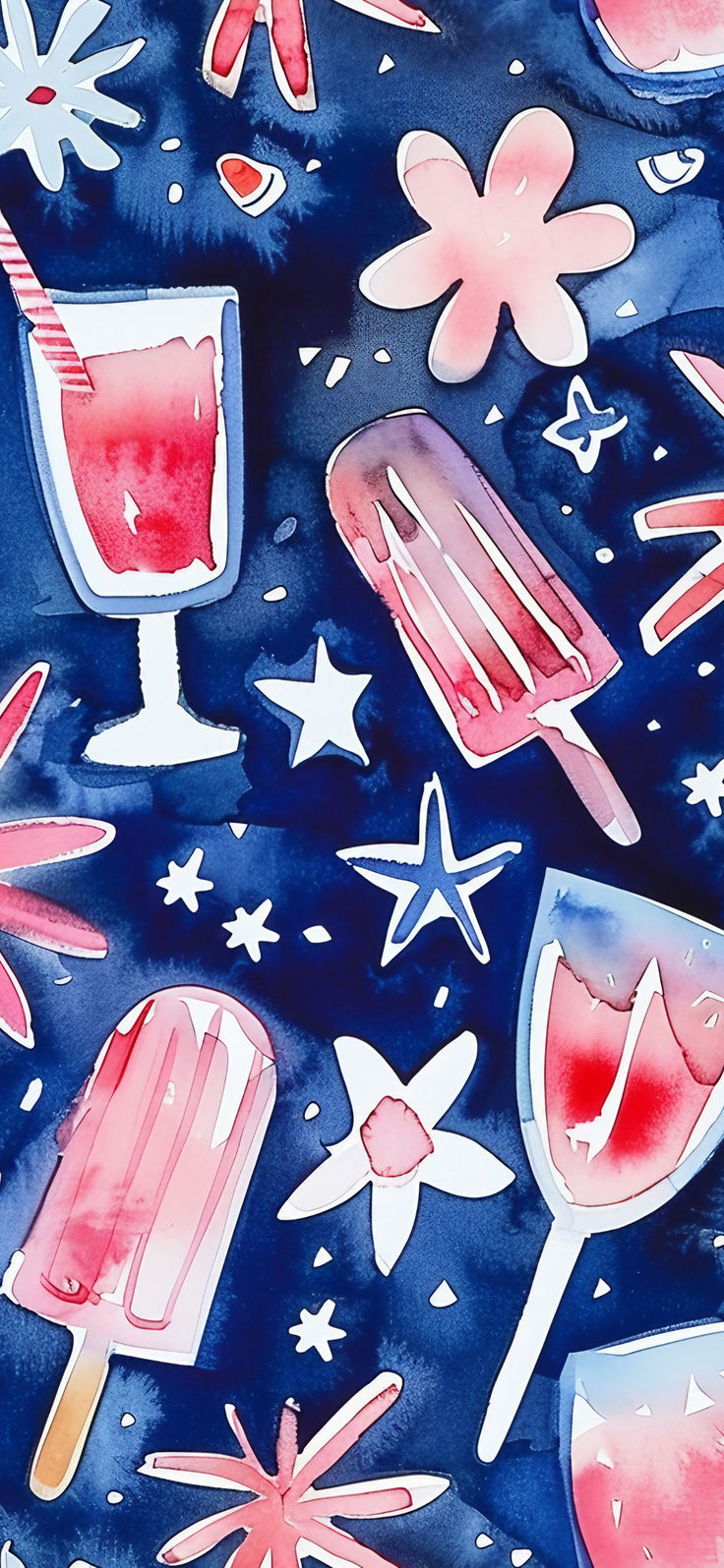 watercolor painting of ice cream, popsicles and stars on a blue background with red and white colors