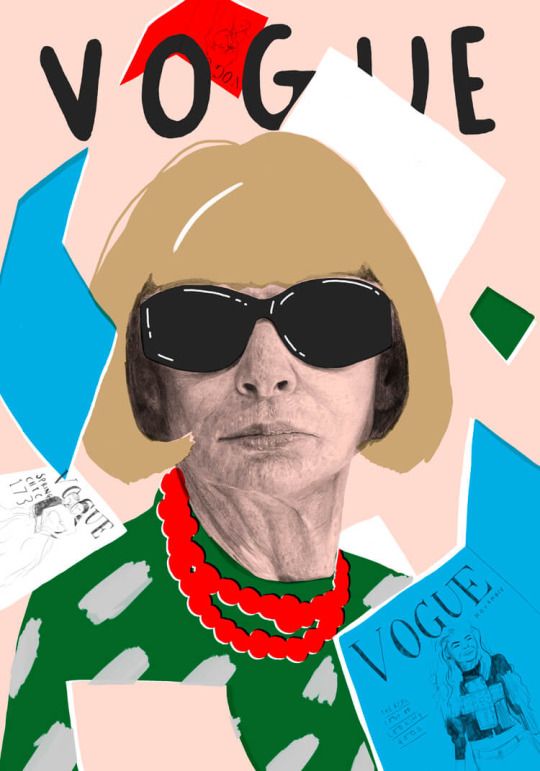 a woman wearing sunglasses and a necklace with notes all over her face on a pink background