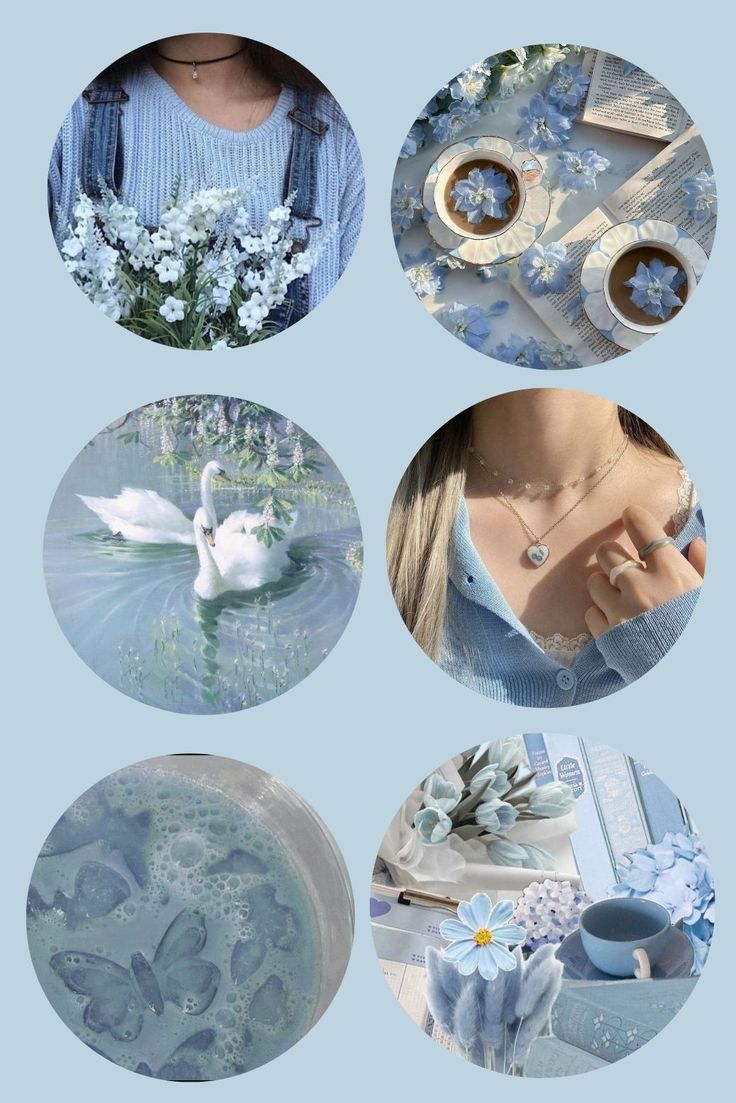 four different pictures with white flowers and blue things in them, one has a swan on it