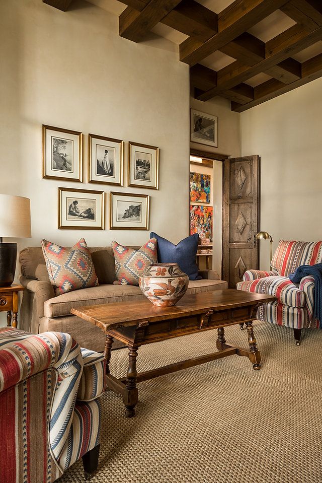 a living room filled with furniture and pictures on the wall above it's coffee table