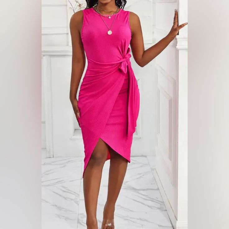 Pink Wrap Body Con Dress Knee-length Midi Dress With Tie Waist For Party, Spring Party Dress With Tie Waist, Pink Knee-length Dresses With Tie Waist, Pink Fitted Midi Dress With Tie Waist, Fitted Pink Midi Dress With Tie Waist, Midi Length Tie Waist Dress For Party, Fitted Midi Dress With Tie Waist For Cocktail Event, Party Dress With Tie Waist And Midi Length, Elegant Pink Midi Dress With Tie Waist