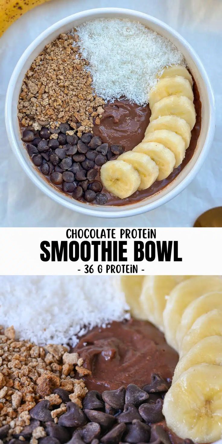 chocolate protein smoothie bowl with banana slices and other ingredients in the bowl, on top of