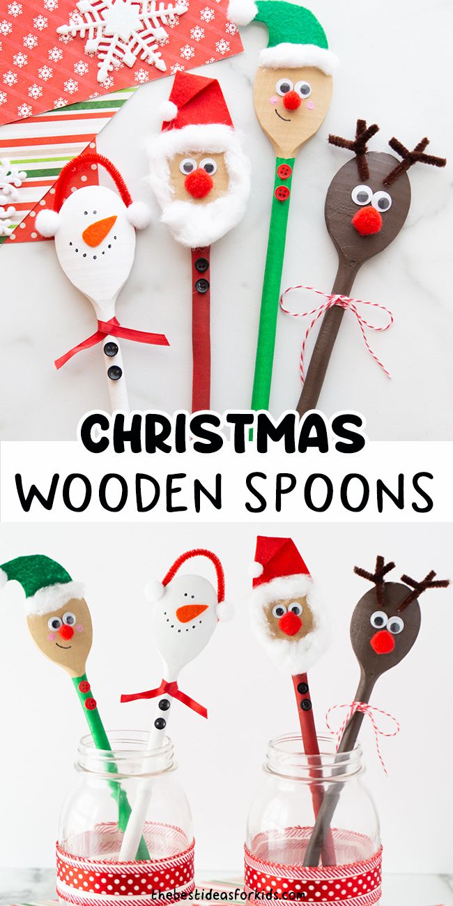 christmas wooden spoons with santa hats and snowmen on them are in mason jars