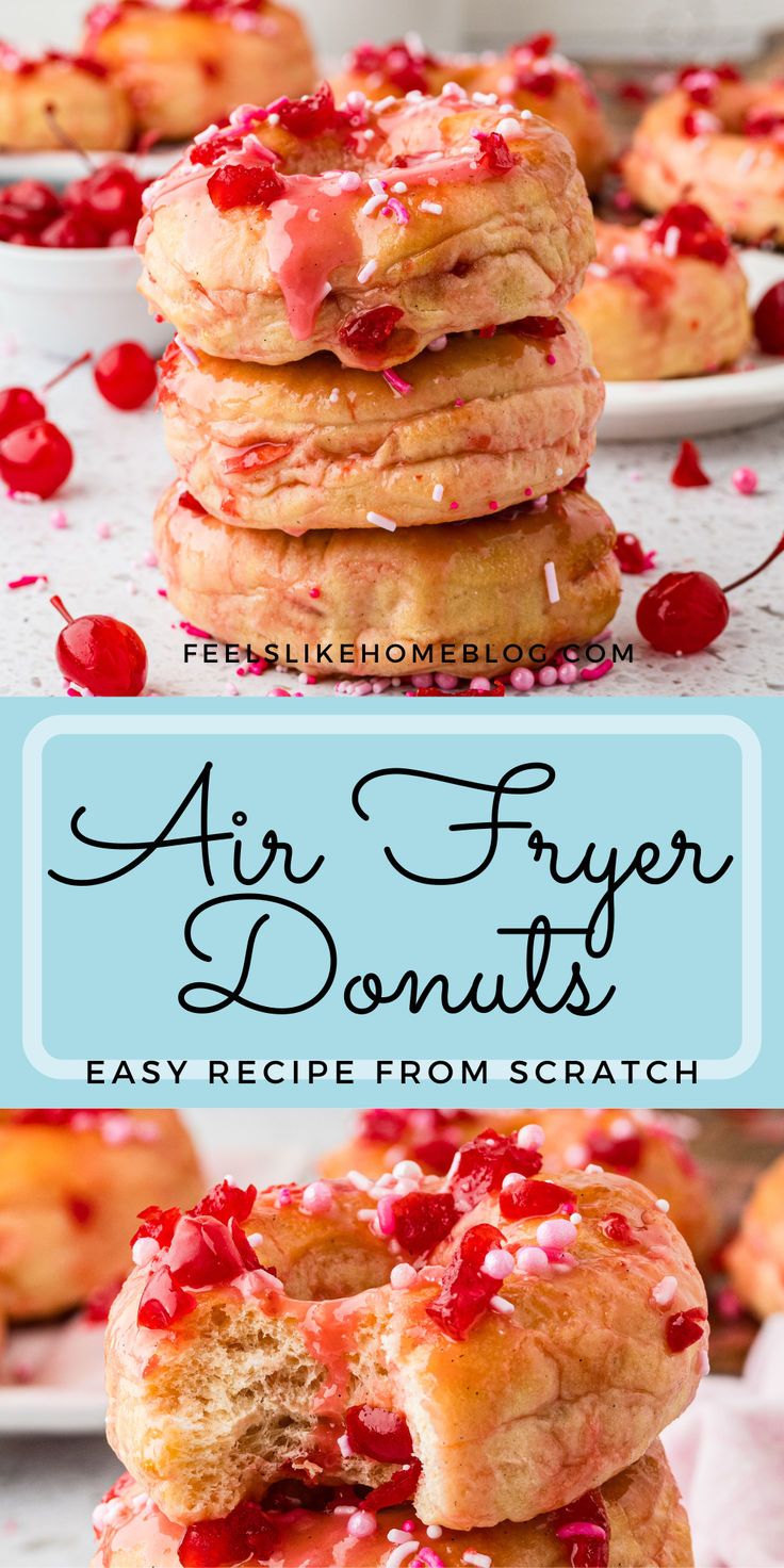 Air fryer donuts topped with cherry glaze and sprinkles, showcasing homemade donuts in the air fryer, an easy doughnut recipe for yeast donuts, healthy donuts, and fun air fryer sweets perfect for baking and desserts.