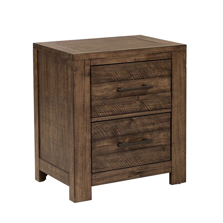 a wooden nightstand with two drawers on one side and an open drawer on the other