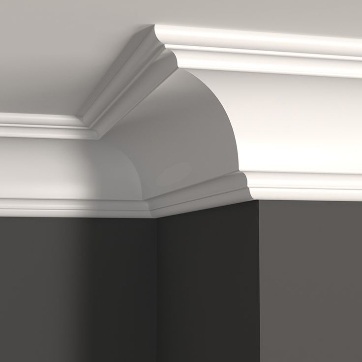 the corner of a room with black walls and white molding on the ceiling is shown