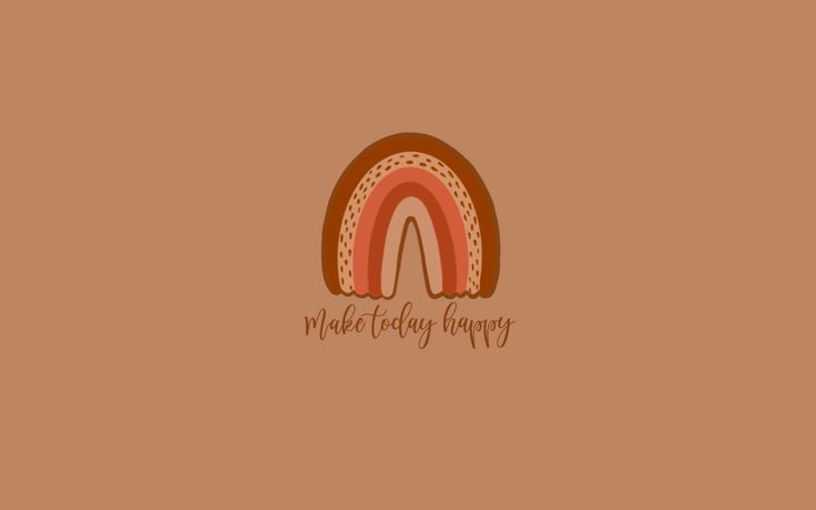 a brown and pink logo with a rainbow in the middle, on top of a tan background