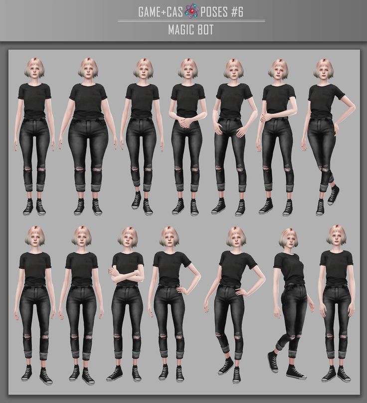 a woman poses in all black clothes for her character model sheet, including the female body and