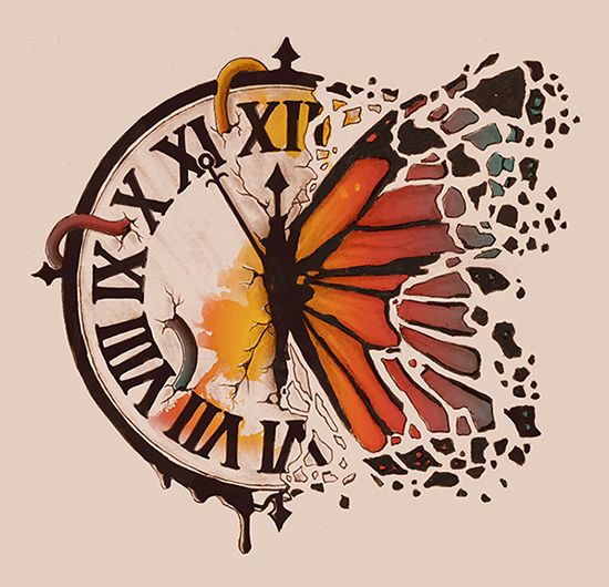 a drawing of a clock with a butterfly on it