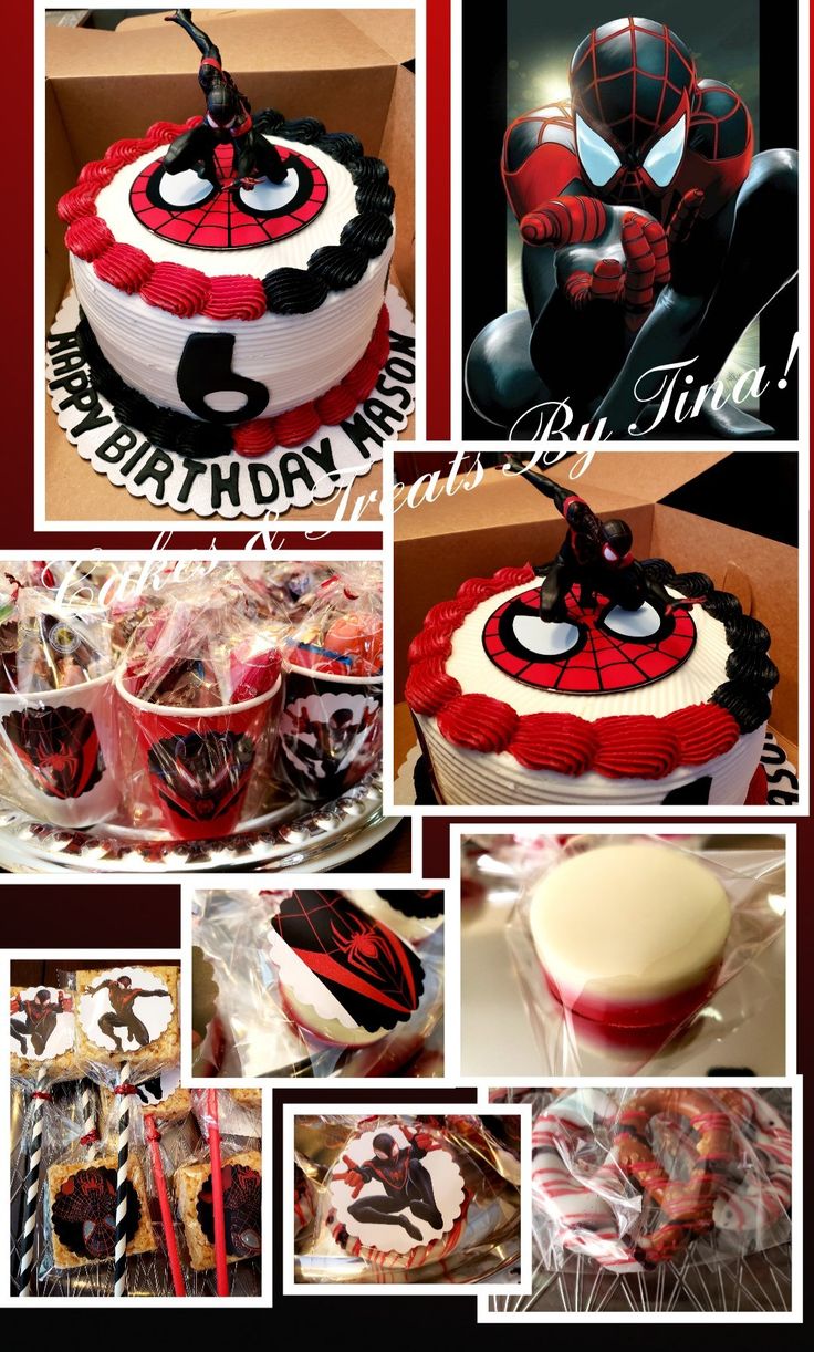 spiderman birthday cake and cupcakes are shown in this collage with images