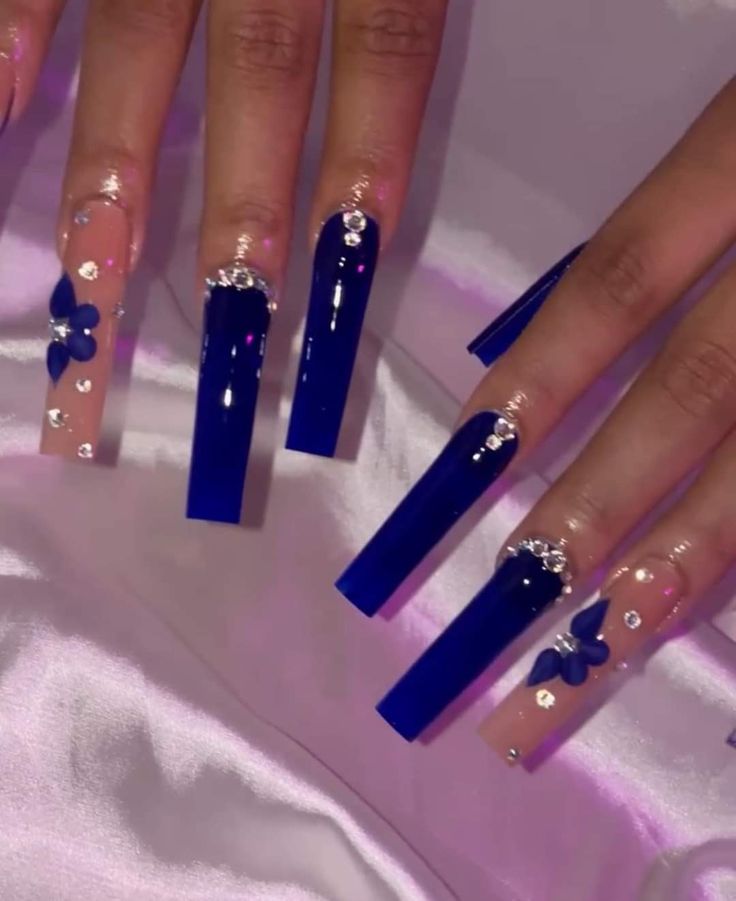 Acrylic Nails Square Blue, Blue Fall Nails 2024, Royal Blue Long Nails, Blue Long Acrylic Nails, Square Blue Nails, Dark Blue Acrylic Nails, Royal Blue Acrylic Nails, Hanukkah Nails, Royal Blue Nails