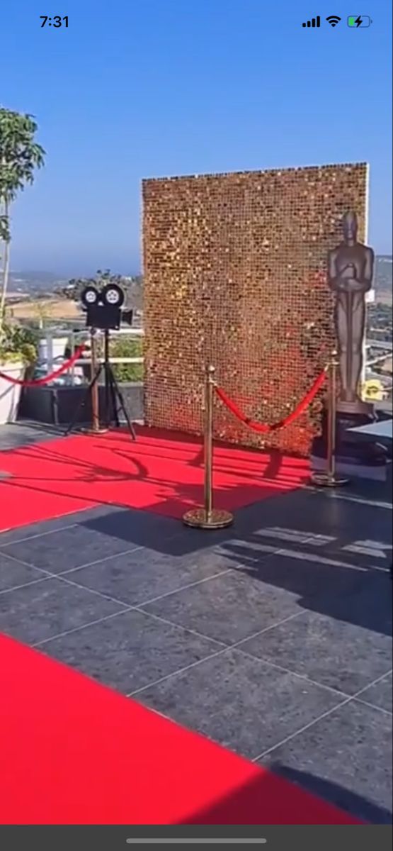 a red carpeted area on top of a building