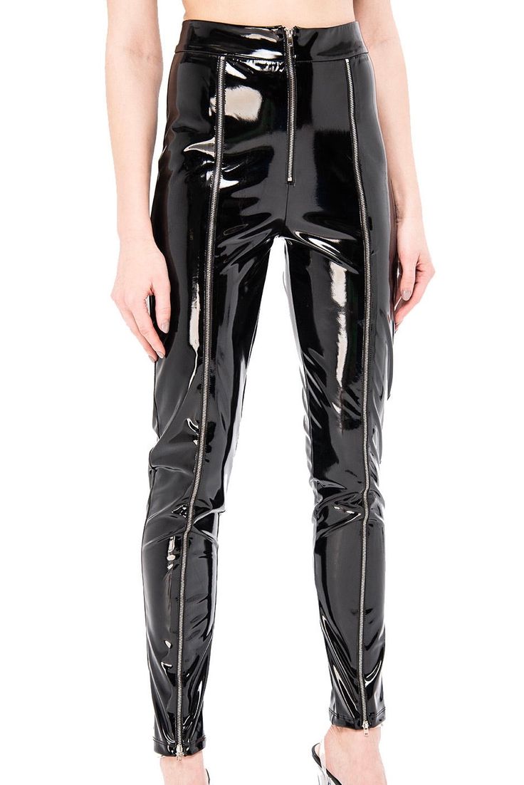 Skinny vinyl pants featuring a zip design, shiny finish, and banded high-rise waist. The model is wearing size S Fabric Info: 100% Polyester Size Bust Waist Hips S-M 34-35 26-27 35-36 M-L 36-37 28-29 38-40 If the product or your size is unavailable please sign up to notify me when back in stock on the product page. Vinyl Pants, Zip Design, Black Tweed, Back In Stock, Me When, Product Page, Chic Style, Leather Pants, High Rise