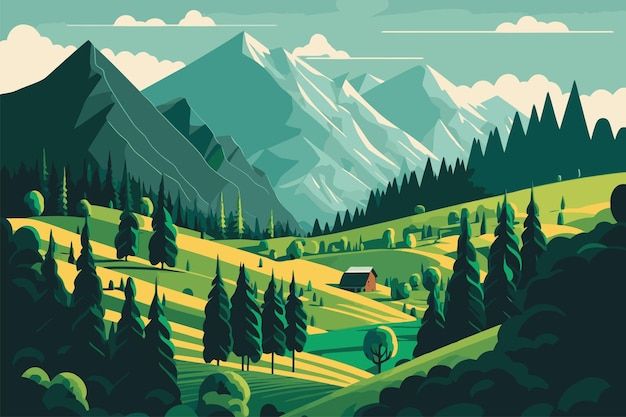 a green landscape with mountains, trees and a house in the distance is featured on this poster