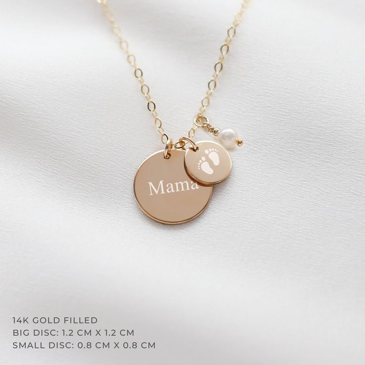 "Our Personalized Pearl Necklace - a beautiful piece that can be customised with a symbol, name, dates, or \"mama,\" making it a perfect gift for new moms or a touching keepsake for birthdays, Mother's Day, Anniversary or any special occasion. The necklace includes big disc - Choose how many small discs & pearl charms you want to add.  Small freshwater pearls are one of a kind - therefore this piece will make a wonderful gift for a Mom - as each of them can symbolise a baby.  D E T A I L S ✧ High-quality discs  ✧ 14K Gold Filled (1.3 cm) | 925 Sterling Silver (1.2 cm) ✧ Adjustable necklace size - 18\" + 1\" extension (if you need a custome size, please let us know!) ✧ Closure: spring ring ✧ Add your chosen number of pearl charms and small discs (0.8cm) E N G R A V I N G  Discs can be engra Mother's Day Personalized Gold Charm Necklace, Dainty Gold-plated Name Necklace For Mother's Day, Mother's Day Silver Gold-plated Name Necklace, Custom Name Necklaces For Everyday & Mother's Day, Personalized 14k Gold-filled Disc Necklace, Mama Necklace, Pearl Charms, Mom Birthday, Adjustable Necklace