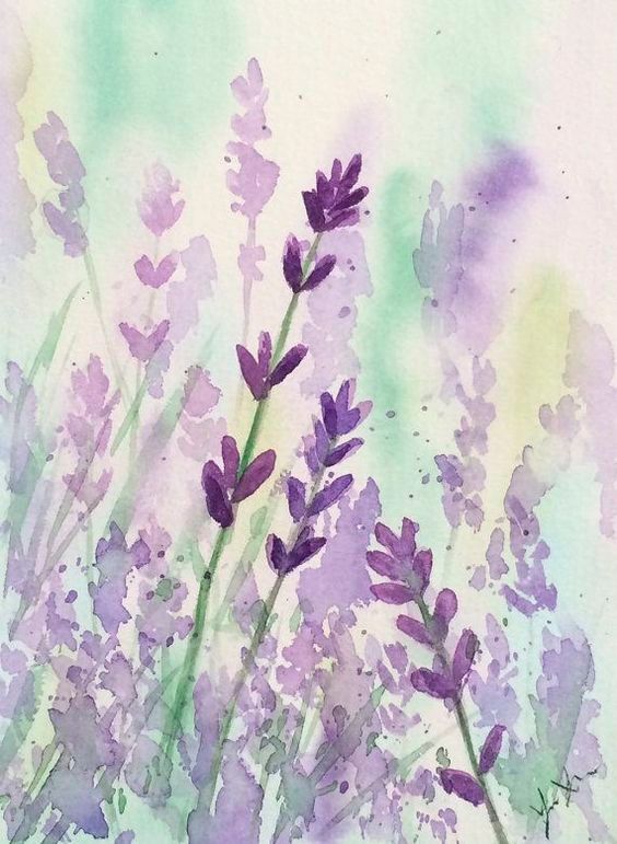 watercolor painting of lavender flowers on white paper with green and purple colors in the background