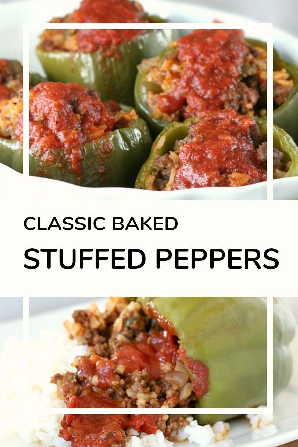 three different pictures of stuffed peppers on a white plate with rice and sauce in them