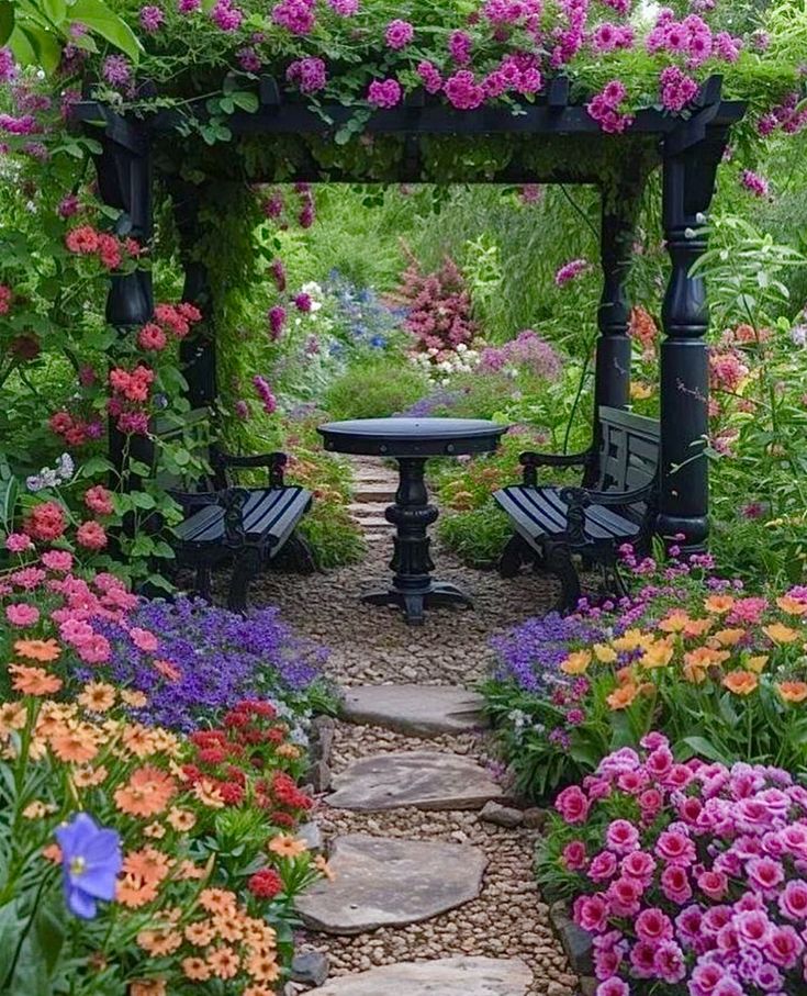 a garden with lots of flowers and benches