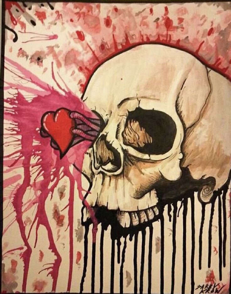 a drawing of a skull with a heart on it's forehead and dripping paint