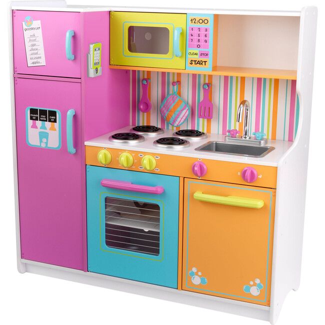 a child's play kitchen with colorful appliances