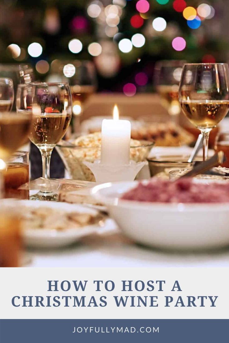 a table with wine glasses, plates and food on it that says how to host a christmas wine party