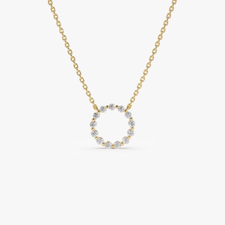 Discover the mesmerizing beauty of our 0.25 ctw Diamond Circle Necklace in 14K Gold. Symbolizing the eternal Circle of Life, this Dainty Round Diamond Pendant is a masterful blend of elegance and meaning. Perfect for layering or standing out on its own, this piece is a radiant addition to any diamond jewelry ensemble. ▶ Details   * Made to Order * Gold KT: 14K Solid Gold (also available in 18K upon request) * Diameter: 10MM * Round Diamond: 13 pcs 1.7MM * Total CTW: 0.25 ctw * Diamond Color-Clarity: G Color SI Clarity * Ready to Ship in 3-10 Business Days ▶ See more of our Diamond Necklaces here - https://etsy.me/3YbpVq2  ▶ See our storefront here - http://etsy.me/2lUcVnH  ▶ All store sections here * Diamond Rings - http://etsy.me/2lwKUl8  * Diamond Earrings - http://etsy.me/2lyqVBP  * Dia Anniversary Cubic Zirconia Halo Necklace, Anniversary Halo Diamond Necklace With Round Cut, Anniversary Round Cut Halo Diamond Necklace, Round Cut Halo Diamond Necklace For Anniversary, 14k Yellow Gold Halo Diamond Necklace, Fine Jewelry Diamond Necklace With Halo For Anniversary, Anniversary White Gold Halo Diamond Necklace, Classic Yellow Gold Diamond Necklace With Halo Design, Yellow Gold Diamond Necklace With Halo