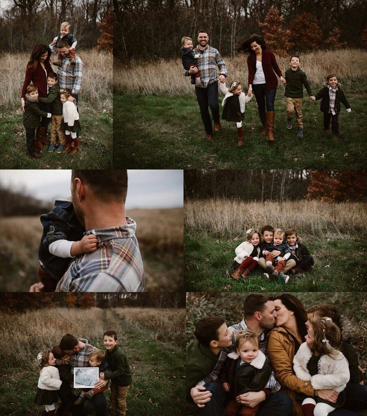 a collage of family photos taken in the woods