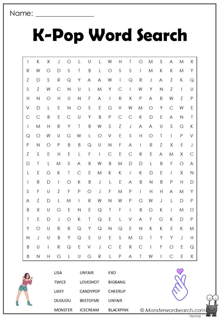 the k - pop word search is shown in this printable worksheet for kids