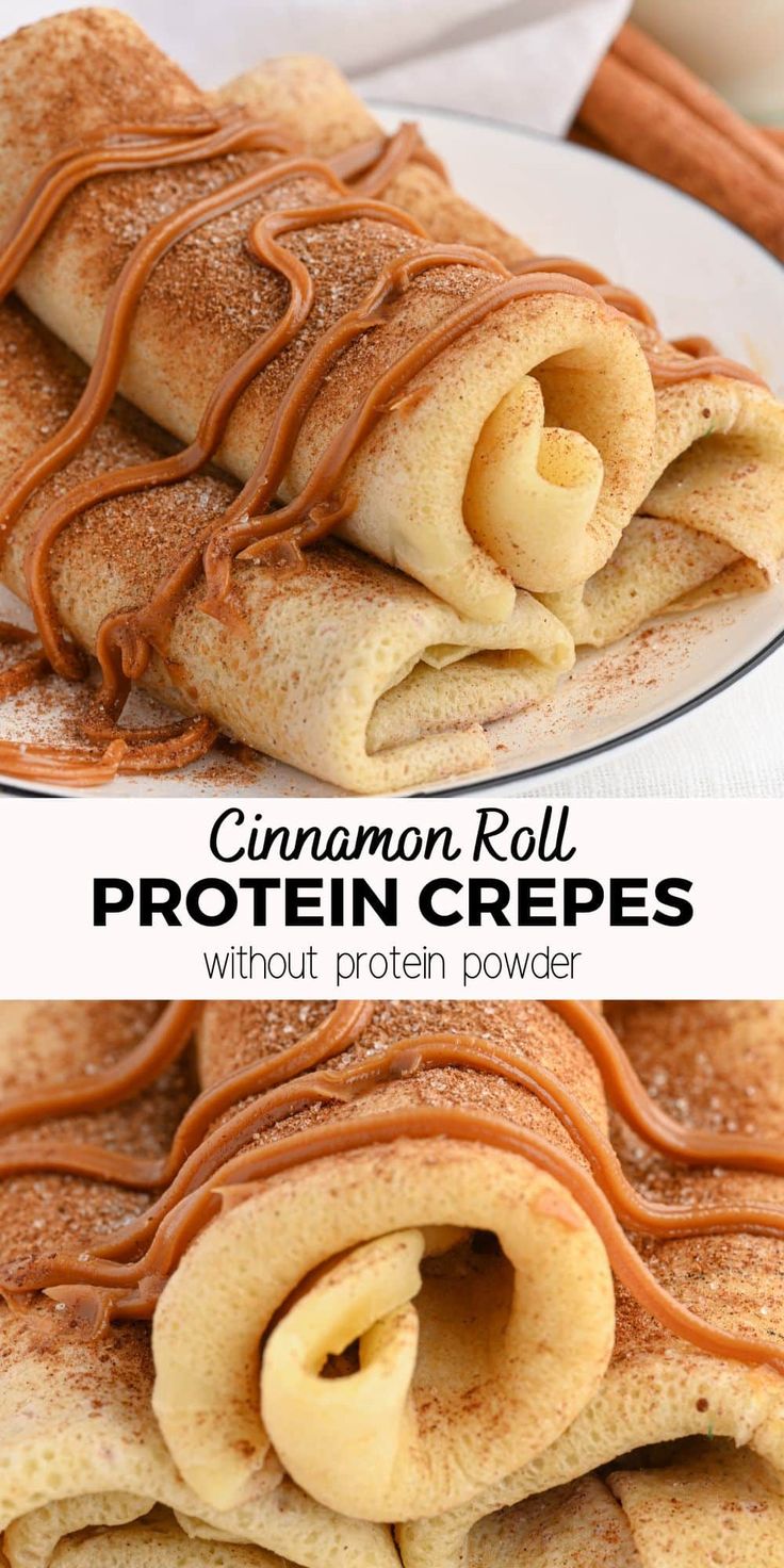 cinnamon roll protein crepes on a white plate